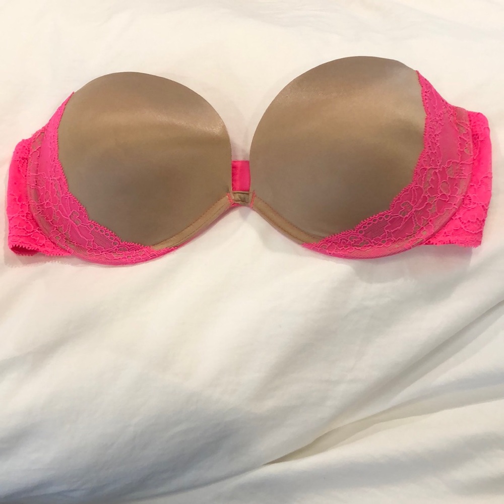 Victoria’s Secret PINK, hot pink/beige push-up strapless Bra, Size 34D
